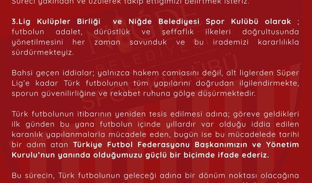 Niğde Belediyespor’dan TFF’ye destek